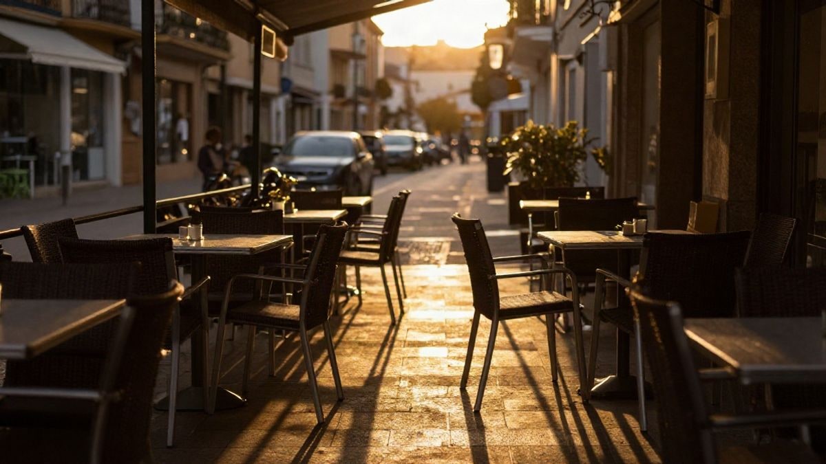 Imagen ilustrativa: terraza de un bar cerrada al atardecer con sillas y mesas vacías y sombras alargadas