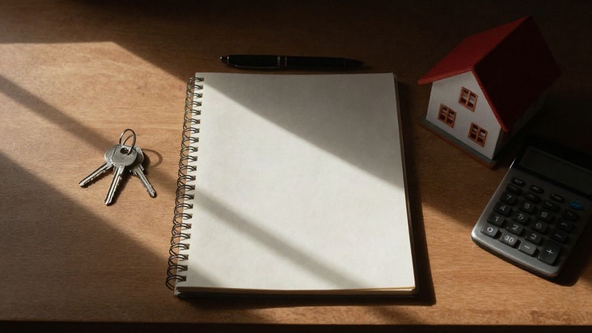 Imagen ilustrativa: mesa de madera vista desde arriba con llaves, una calculadora y una carpeta cerrada bajo luz natural