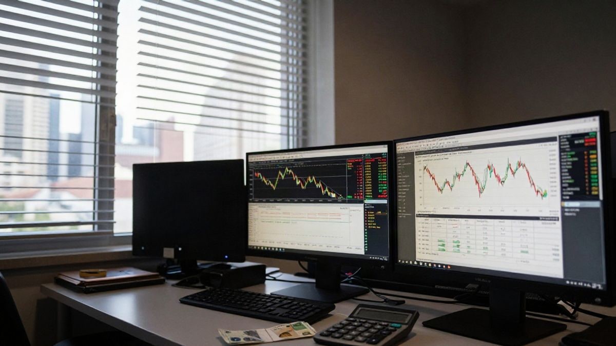 Illustrative image: financial analysis desk with currency and bond graphs next to a window
