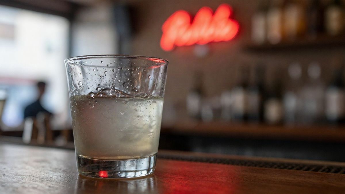 Imagen ilustrativa: primer plano de un vaso de cóctel sobre una barra de bar con luces de neón desenfocadas al fondo