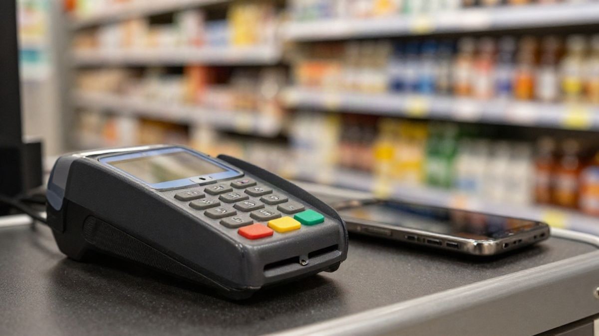 Imagen ilustrativa: primer plano de un datáfono de cobro sobre una caja de supermercado, con un móvil junto a él