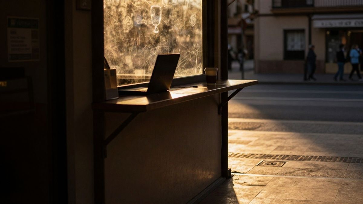 Imagen ilustrativa: contraluz al atardecer en un pequeño comercio con sombras largas y un mostrador vacío