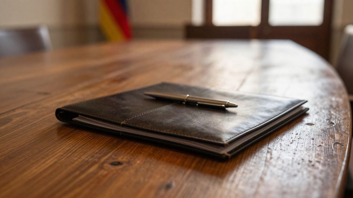 Imagen ilustrativa: detalle de la veta de una mesa de madera de roble con una carpeta cerrada y un bolígrafo, con luz cálida lateral