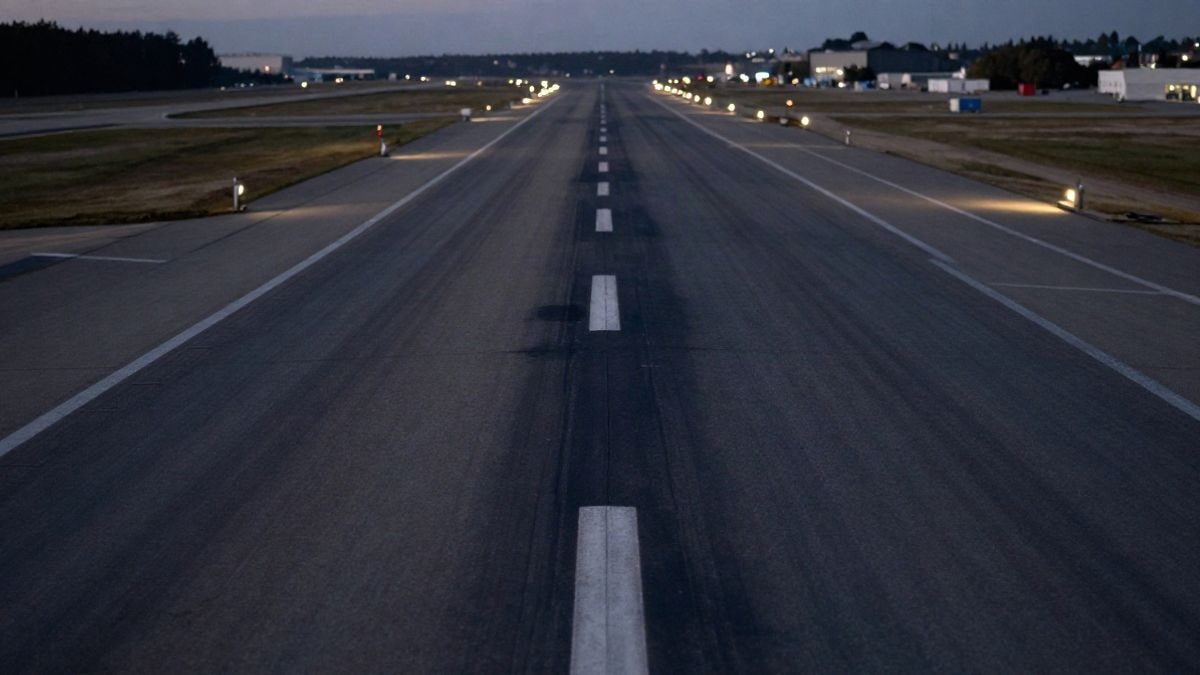 Imagen ilustrativa: pista de aeropuerto vacía con líneas que convergen hacia el horizonte al atardecer