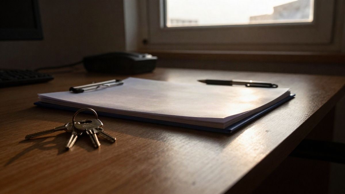 Imagen ilustrativa: mesa de madera con llaves y una carpeta junto a una ventana al atardecer