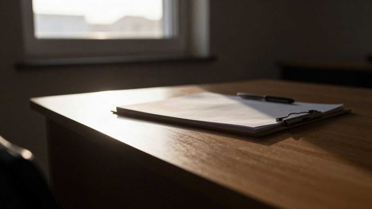 Illustrative image: wooden table with a closed folder and a pen next to a window with sunset light