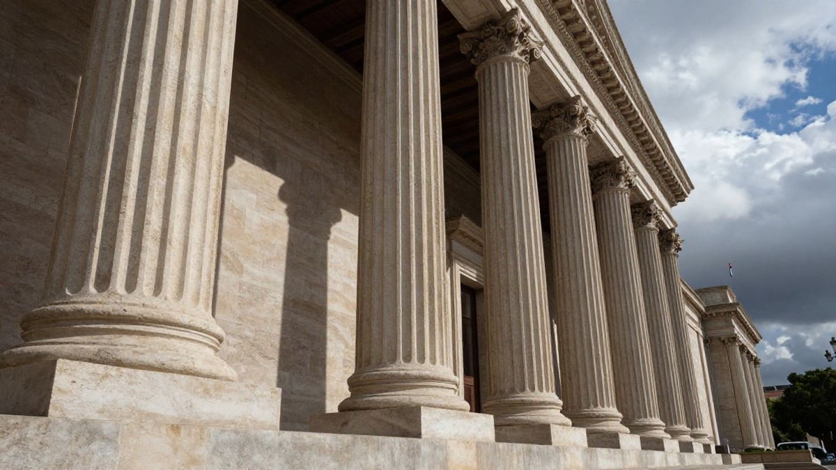 Imagen ilustrativa: columnas de piedra de un edificio público genérico vistas desde abajo bajo un cielo abierto