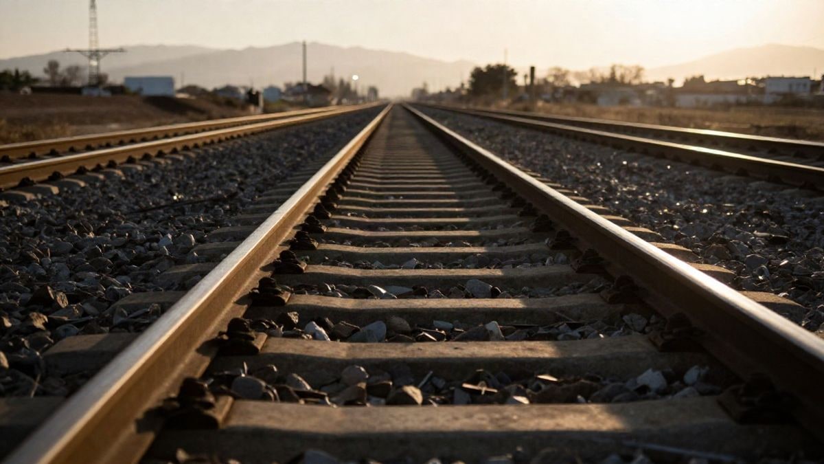 Imagen ilustrativa: vías de tren vacías al atardecer, con sombras largas y contraluz suave