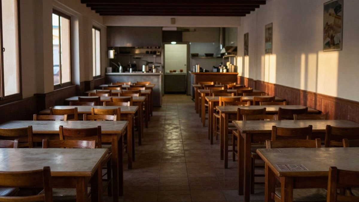 Illustrative image: empty restaurant dining room with wooden tables in a row and natural afternoon light