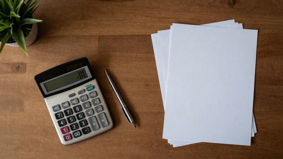 Imagen ilustrativa: mesa de madera vista desde arriba con calculadora, bolígrafo y papeles en blanco