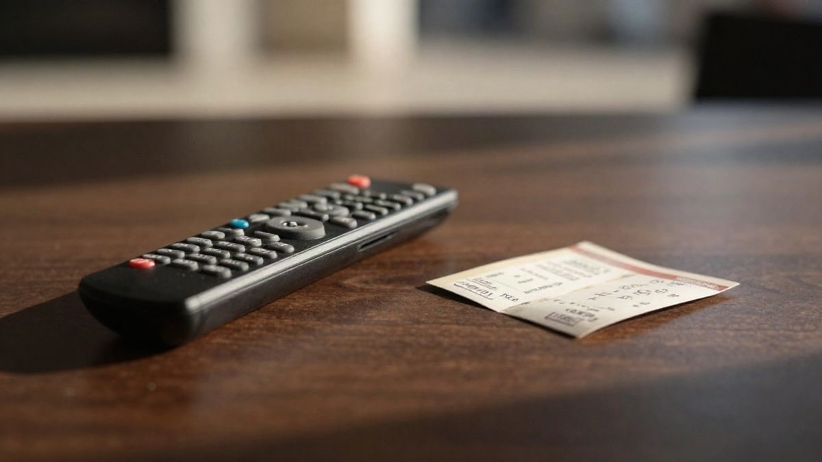 Illustrative image: remote control and cinema ticket on a wooden table backlit