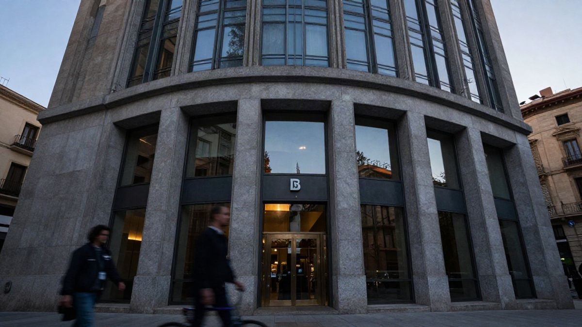 Imagen ilustrativa: fachada de oficina bancaria moderna al atardecer