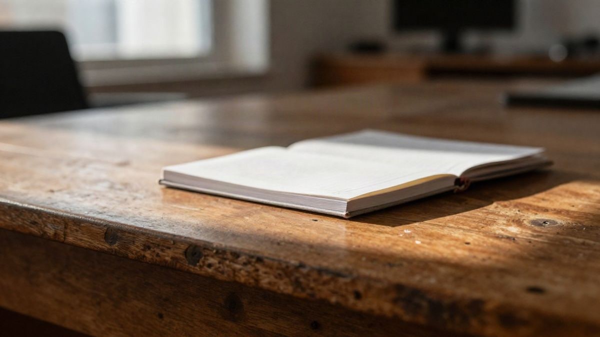 Illustrative image: detail of a wooden table with a notebook, a fountain pen, and a mobile phone face down
