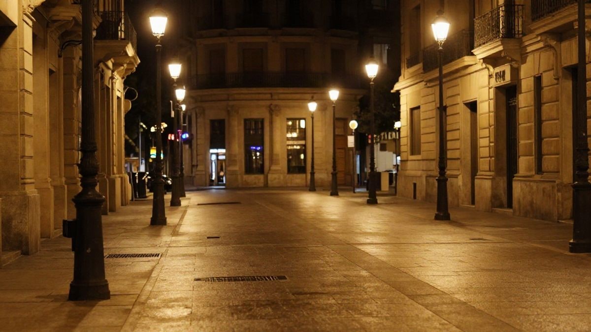 Imagen ilustrativa: calle nocturna de un distrito financiero iluminada por farolas y un reflejo de neón tenue sobre el pavimento mojado