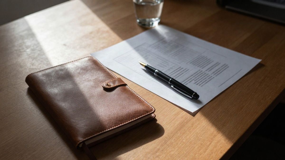 Imagen ilustrativa: mesa de madera vista desde arriba con una libreta cerrada, una pluma y un gráfico desenfocado bajo luz natural