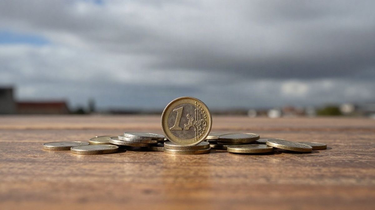 Illustrative image: a pile of euro coins on a wooden table, with a cloudy sky in the background and natural light