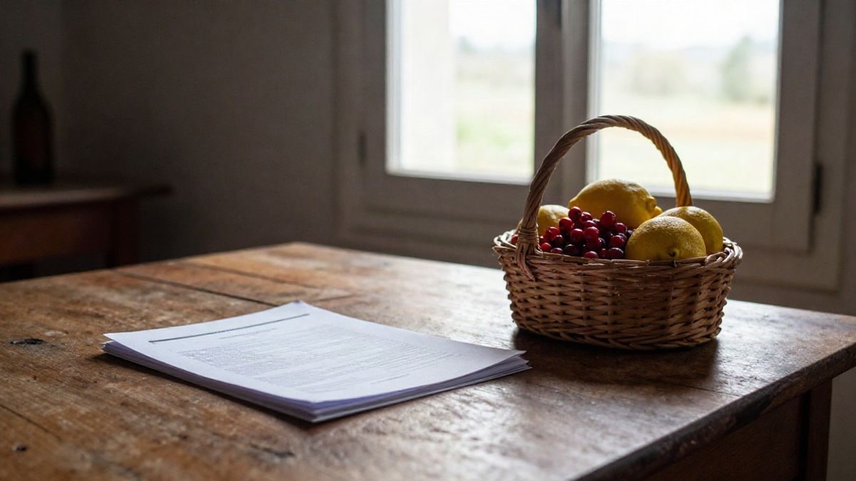 Imagen ilustrativa: mesa de madera junto a una ventana con una cesta de frutos rojos y limones sobre una carpeta de documentos