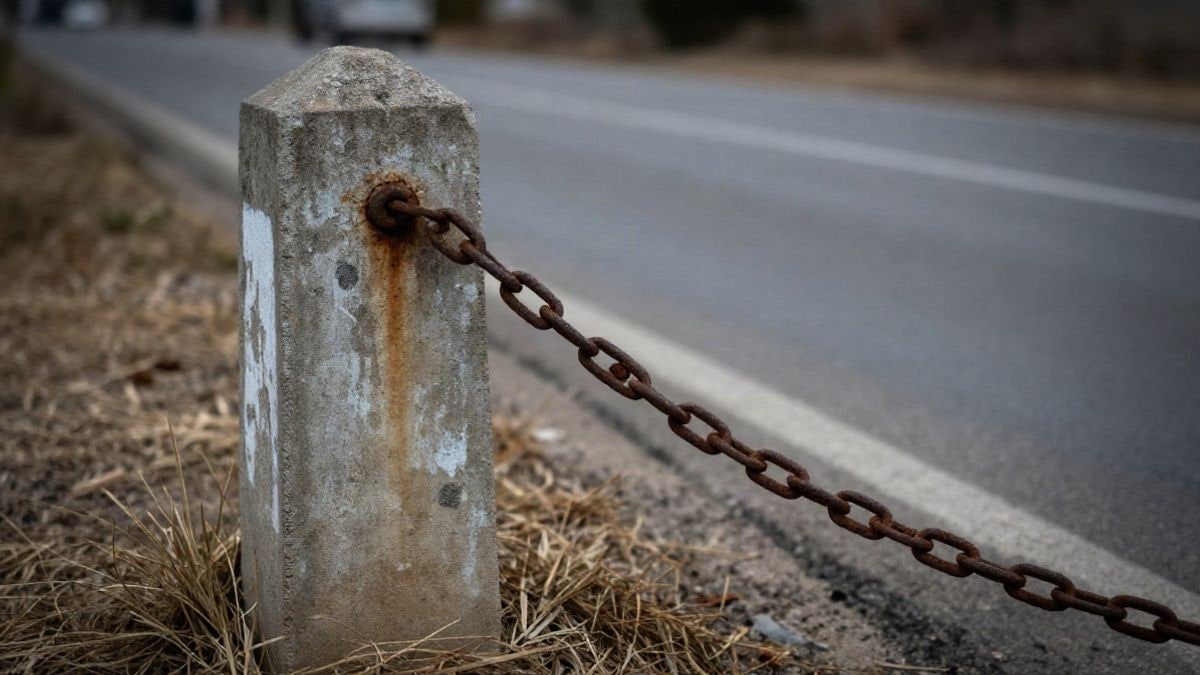 Imagen ilustrativa: detalle de un poste fronterizo de hormigón desgastado con una cadena metálica oxidada
