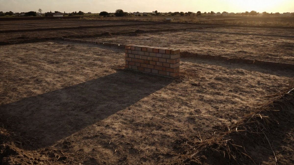 Illustrative image: unfinished brick foundation on an empty lot at sunset
