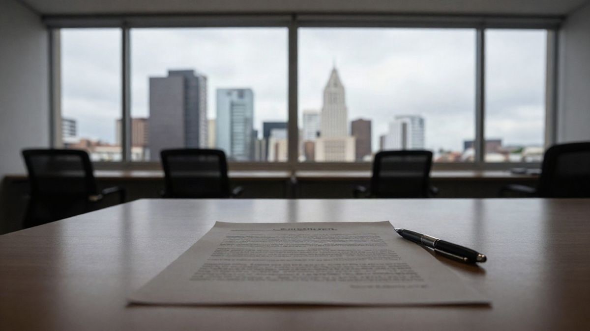 Imagen ilustrativa: ángulo bajo de un escritorio vacío con un contrato y una ventana con vistas a la ciudad