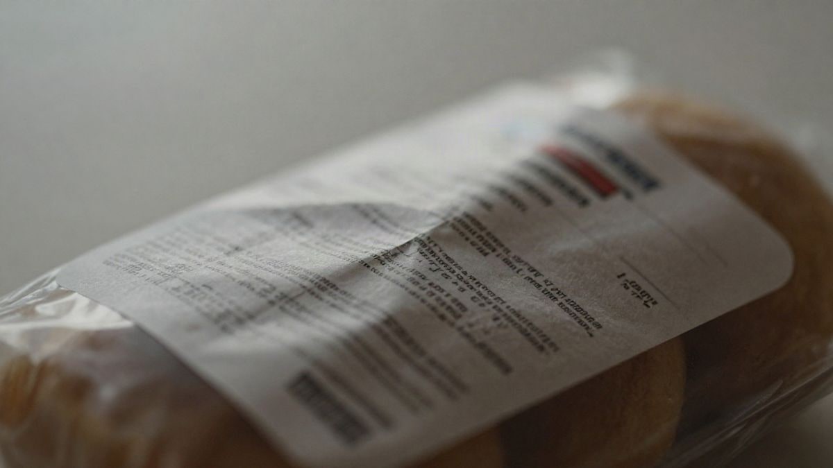 Imagen ilustrativa: detalle de una etiqueta de papel arrugada sobre un envase alimentario