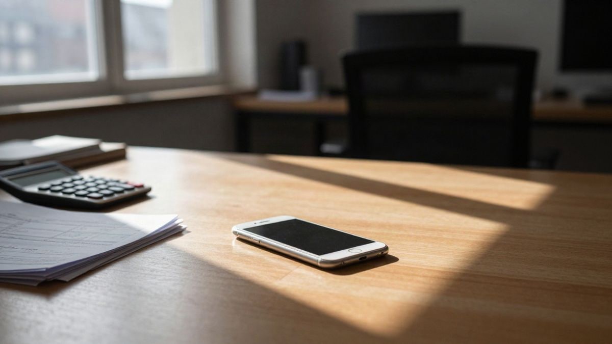Imagen ilustrativa: un teléfono móvil sobre una mesa de despacho junto a una calculadora y facturas