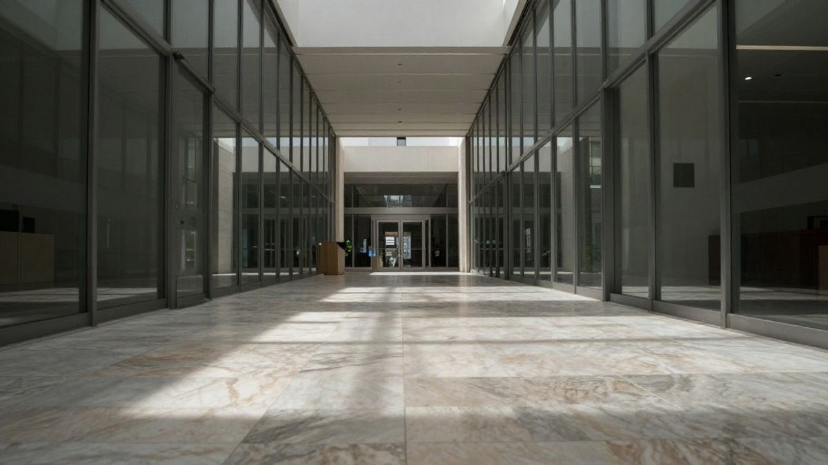 Imagen ilustrativa: interior de un banco moderno con líneas arquitectónicas que convergen