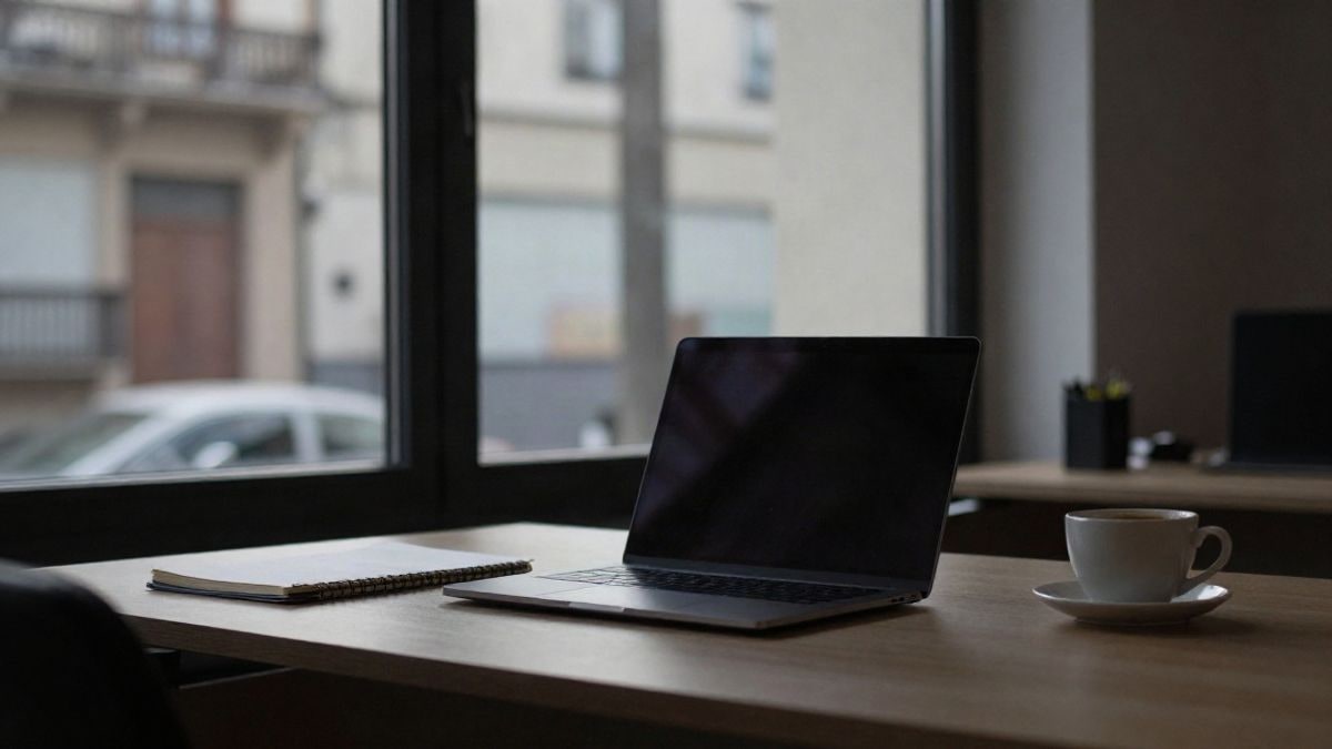 Illustrative image: empty office desk next to a window with soft side light