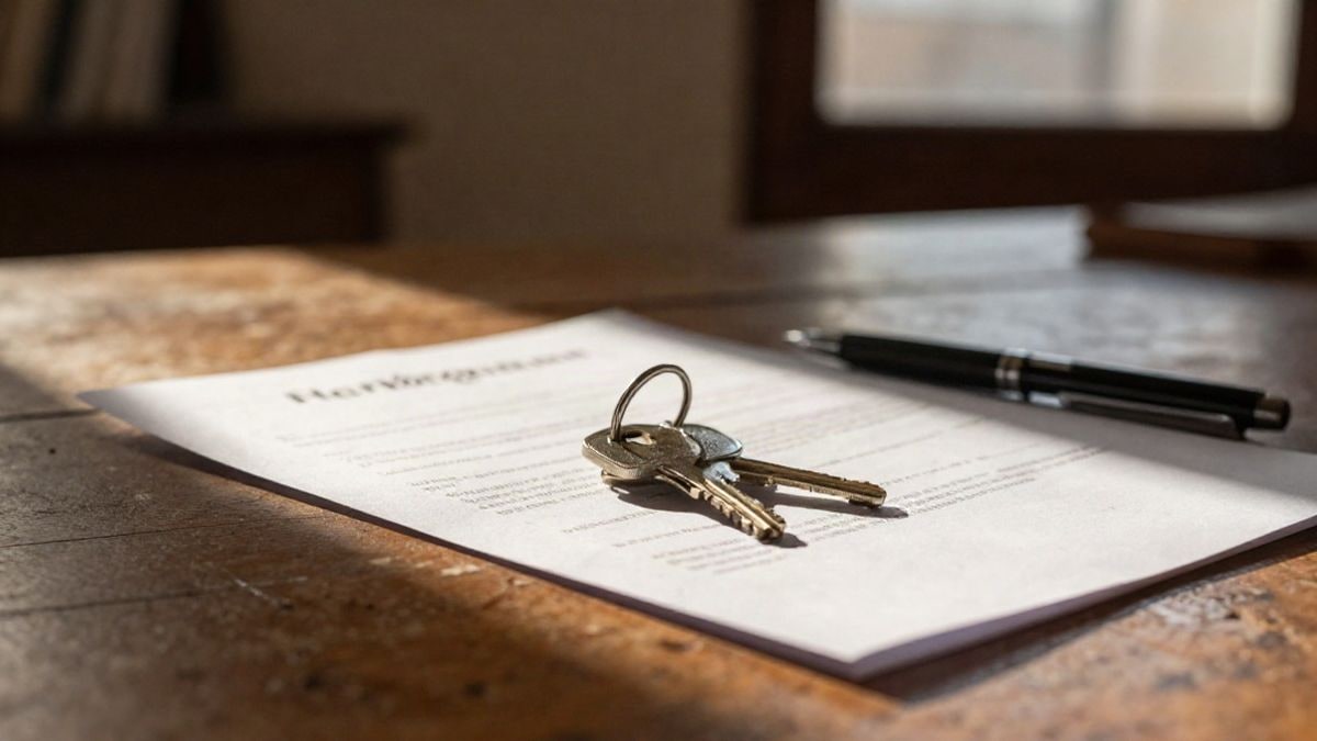 Illustrative image: keys of a home on a folded contract on a wooden table with afternoon light
