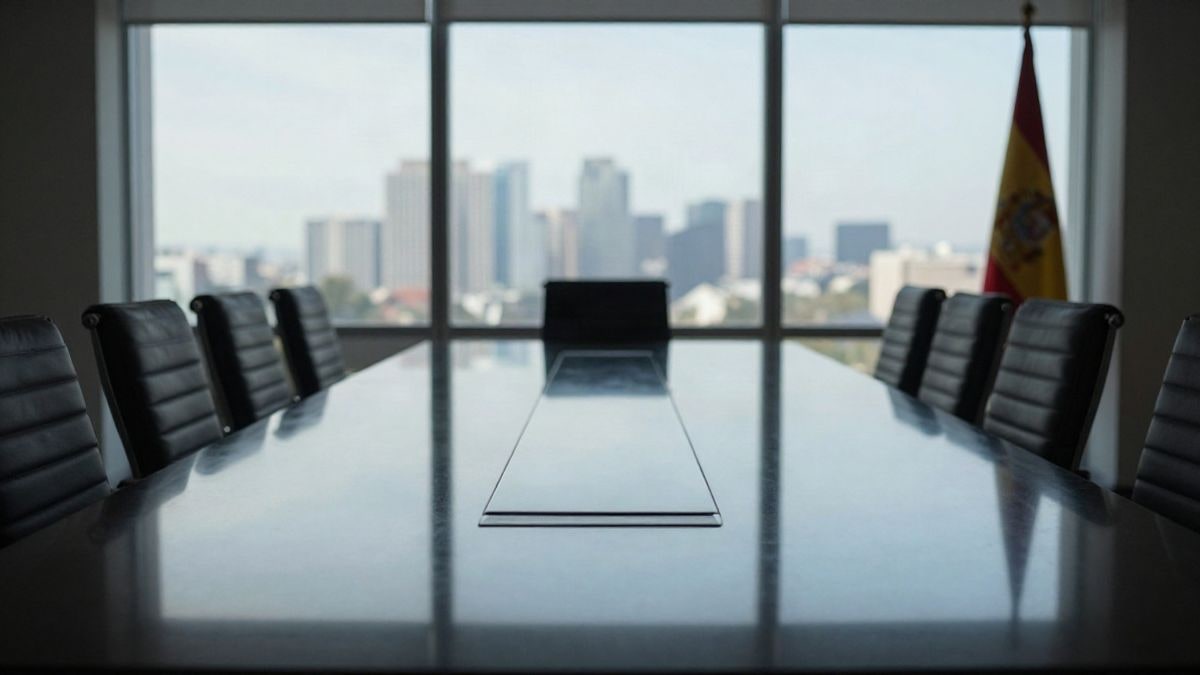 Imagen ilustrativa: sala de reuniones vacía con un teléfono móvil boca abajo sobre una mesa de cristal