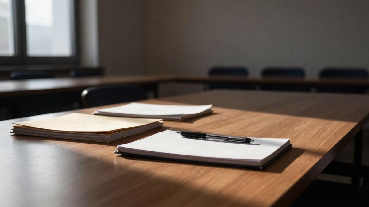 Imagen ilustrativa: mesa de madera vacía con carpetas apiladas bajo la luz lateral de una ventana en una sala de reuniones