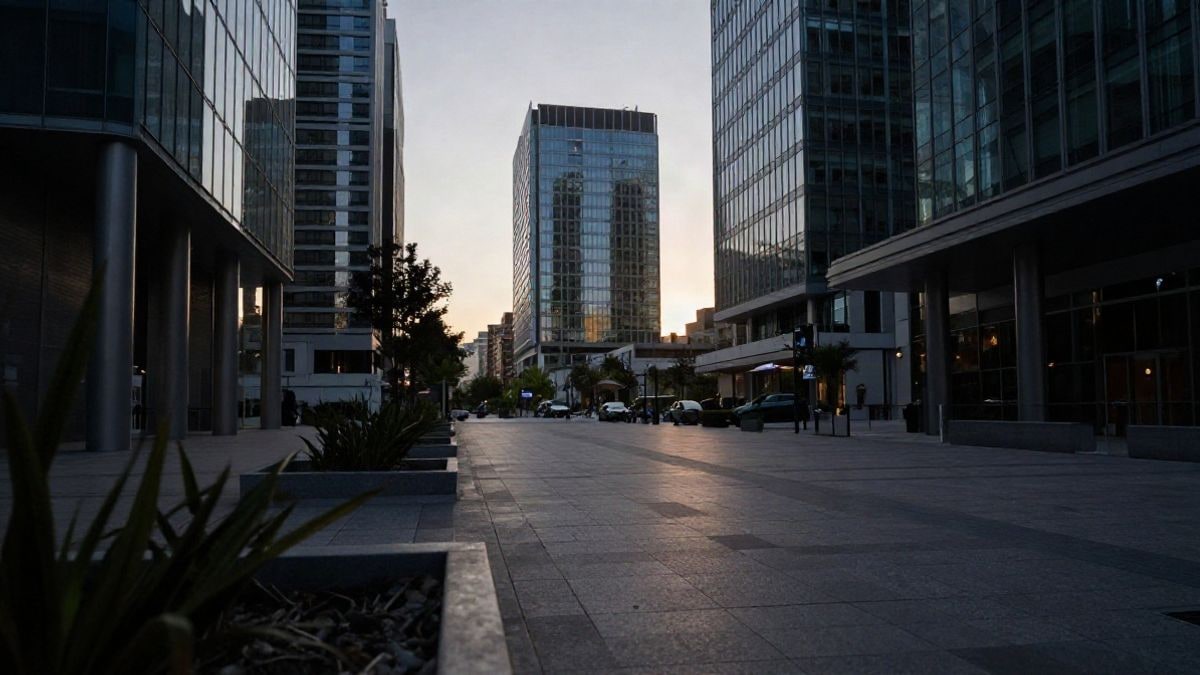Imagen ilustrativa: un paseo empresarial vacío al atardecer, con edificios de oficinas en silueta y sombras largas