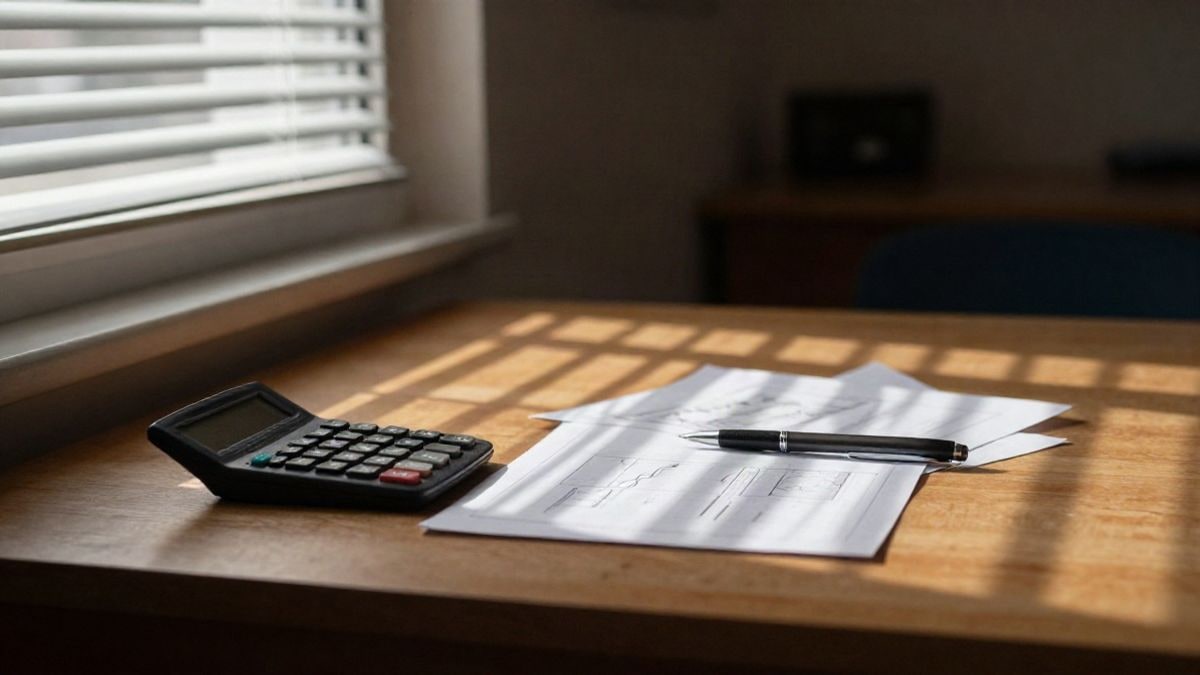 Imagen ilustrativa: escritorio con calculadora y gráficos impresos junto a una ventana