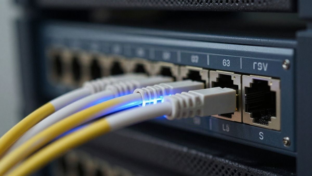 Imagen ilustrativa: primer plano de cables de fibra óptica conectados a un equipo de red con luz azulada
