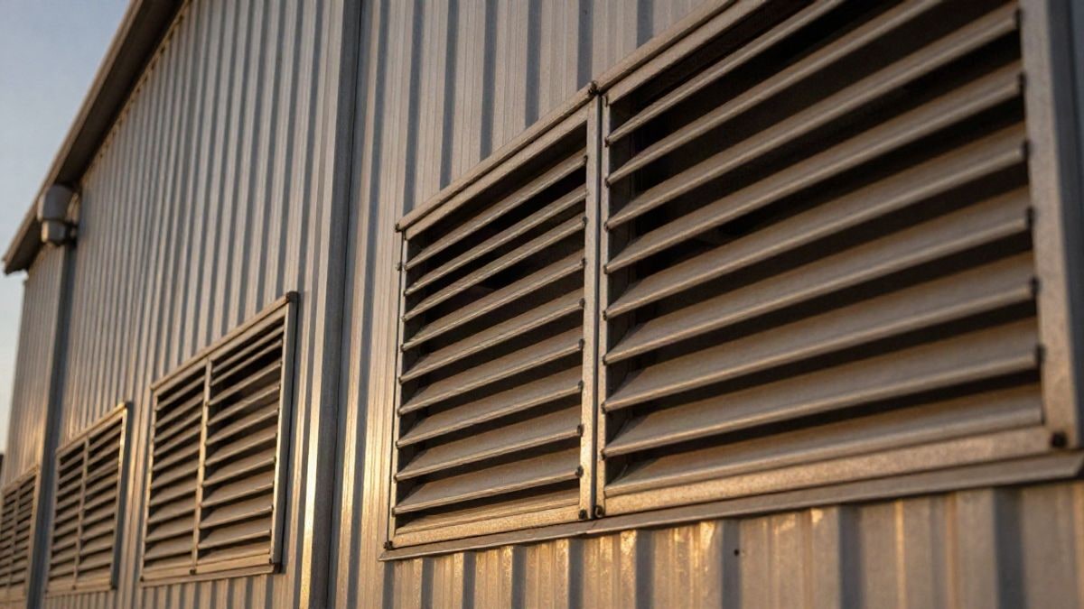 Imagen ilustrativa: detalle de rejillas metálicas de ventilación en una fachada industrial al atardecer