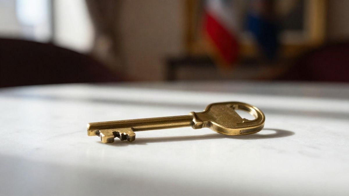 Illustrative image: brass room key on a white marble table with natural light from a window