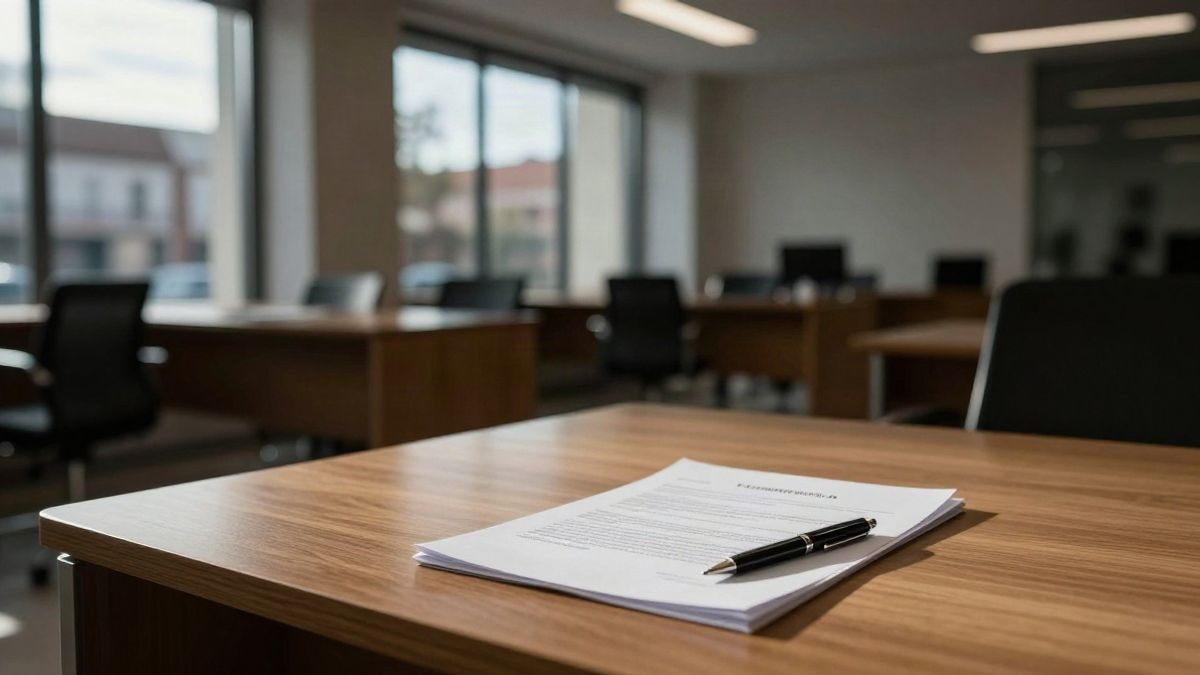 Imagen ilustrativa: interior de una oficina bancaria con un contrato de hipoteca sobre la mesa