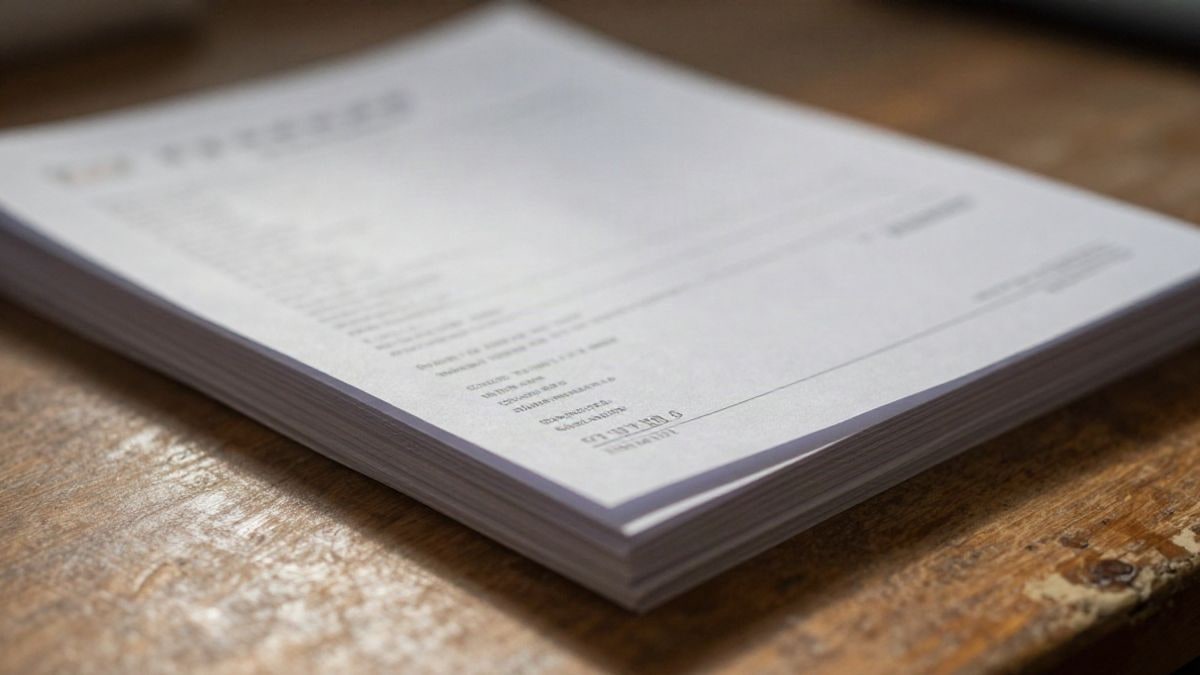 Illustrative image: a pile of paper invoices on a wooden table lit by side light