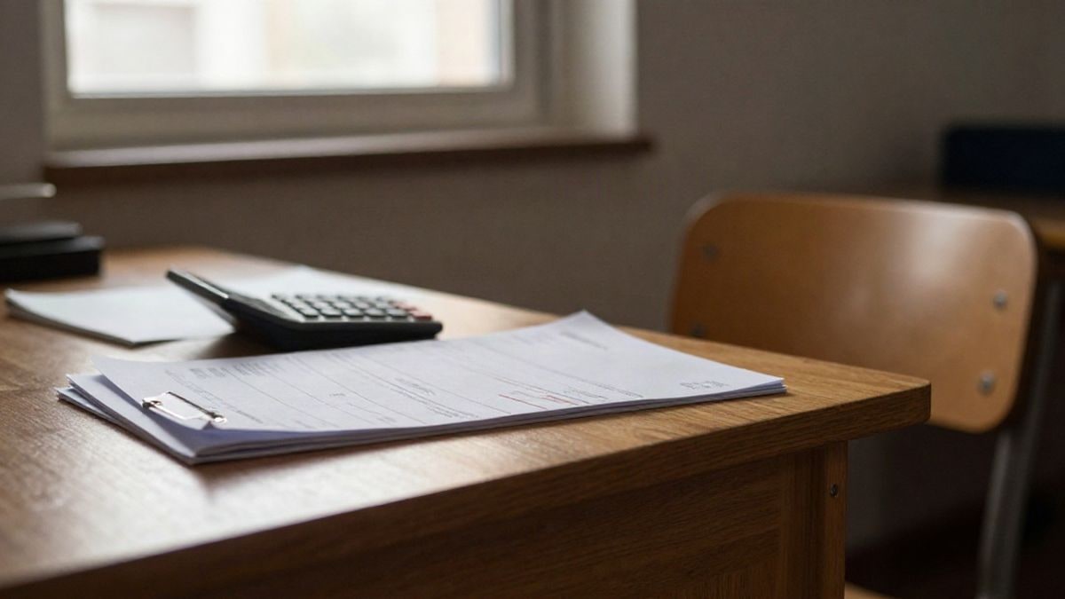 Imagen ilustrativa: mesa de madera con una calculadora y facturas junto a una ventana con luz natural