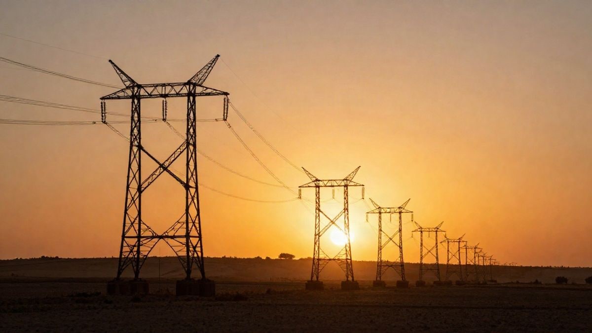 Imagen ilustrativa: torres de alta tensión en contraluz al atardecer con sombras largas sobre el terreno