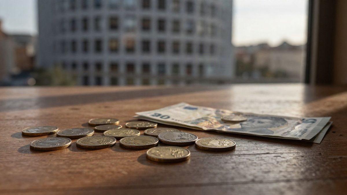 Imagen ilustrativa: monedas de euro y billetes sobre una mesa de madera, con una fachada de oficinas desenfocada al atardecer