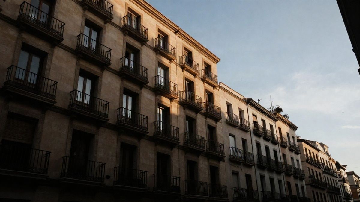 Imagen ilustrativa: fachada de un edificio residencial de varias plantas fotografiada desde abajo con el cielo de fondo
