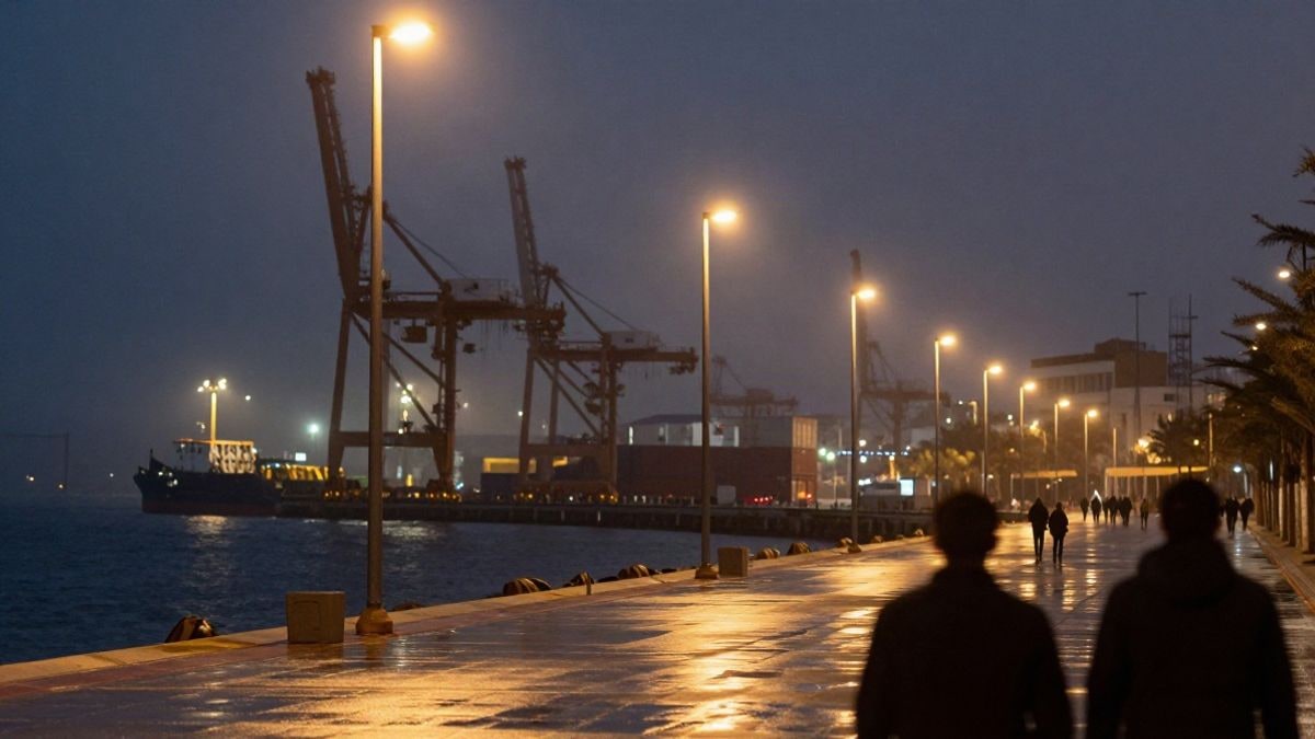 Illustrative image: a night port with streetlights and cranes silhouetted against a misty sky