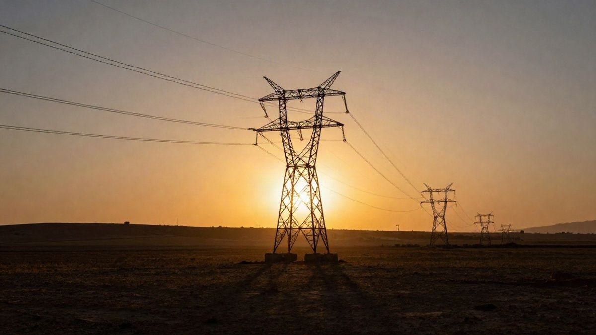 Imagen ilustrativa: torres de tendido eléctrico recortadas al atardecer con sombras largas sobre el campo
