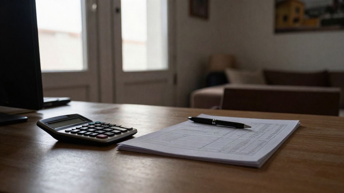 Imagen ilustrativa: escritorio junto a una ventana con calculadora y tabla de amortización impresa