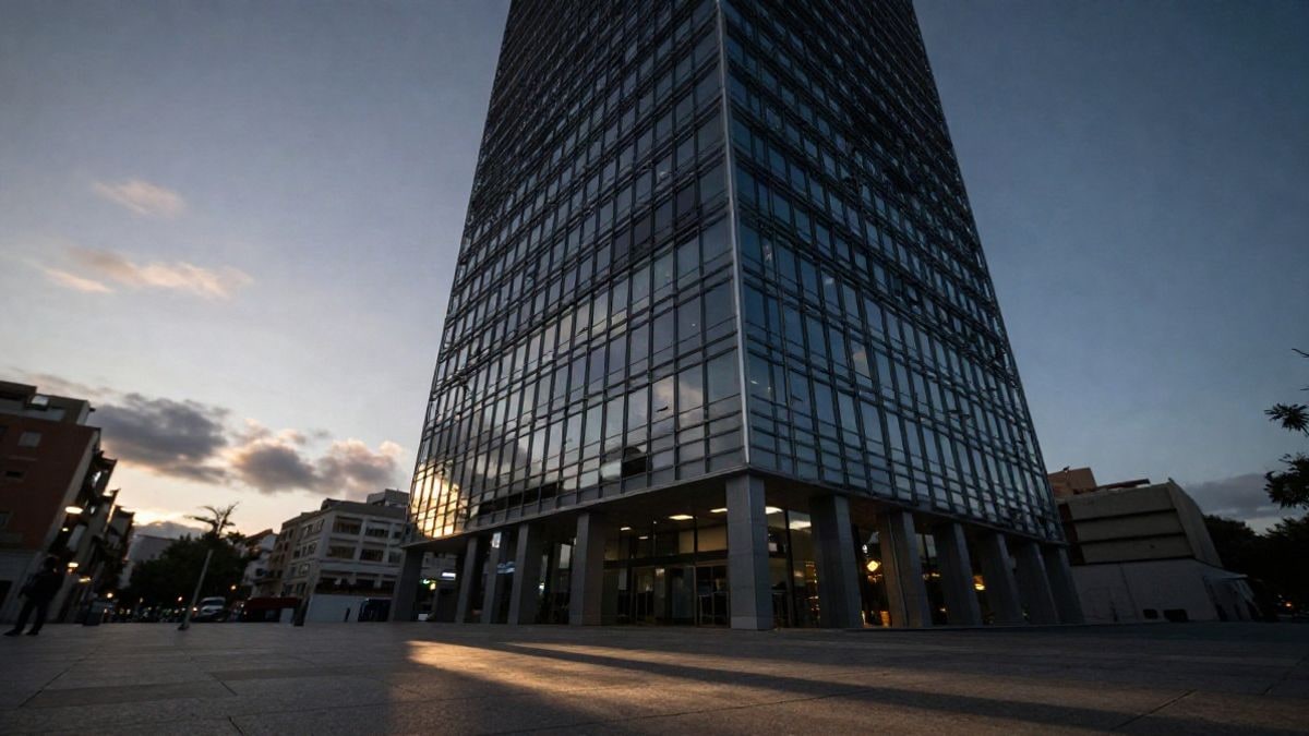 Imagen ilustrativa: torre de oficinas de cristal vista desde abajo contra un cielo de atardecer