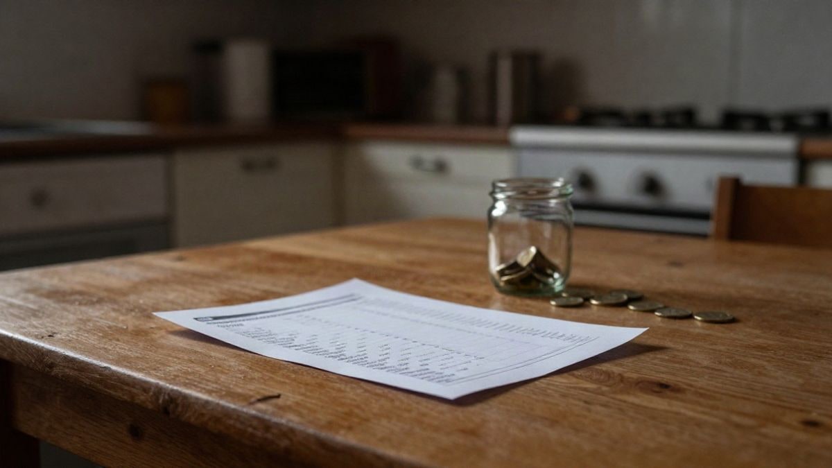 Illustrative image: a wooden kitchen table with a folded shopping list and loose coins