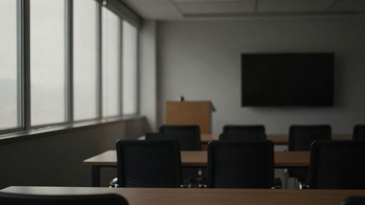 Imagen ilustrativa: sala de conferencias moderna con sillas vacías y luz lateral de ventana