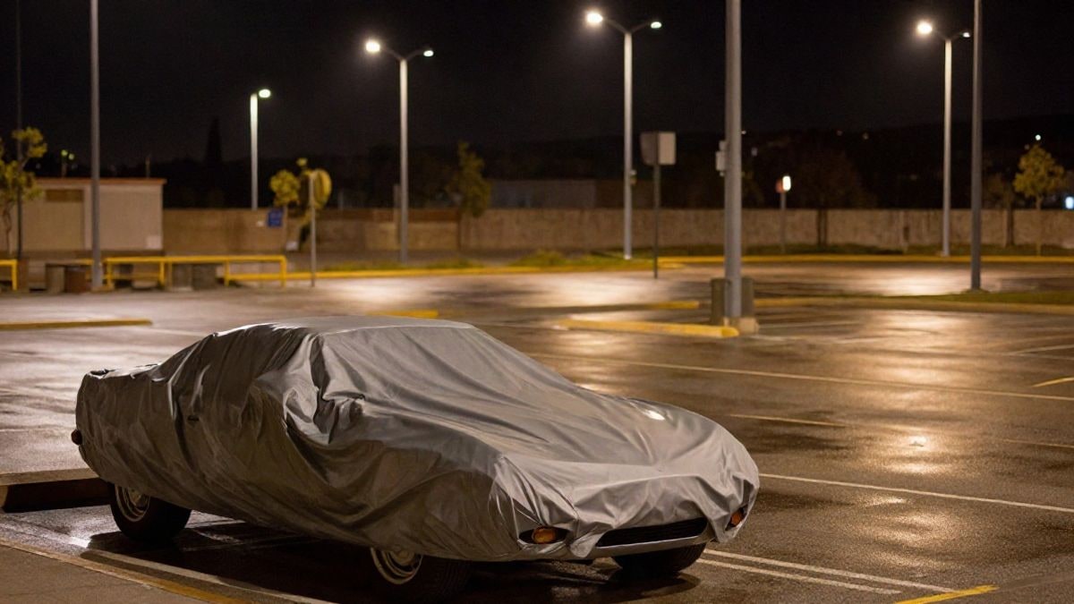 Imagen ilustrativa: un aparcamiento nocturno iluminado por farolas, con un coche deportivo clásico cubierto por una lona