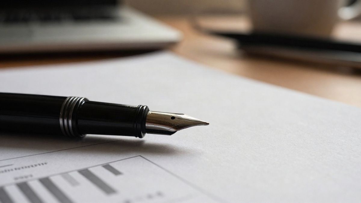 Illustrative image: close-up of a fountain pen on a printed report with bar graphs